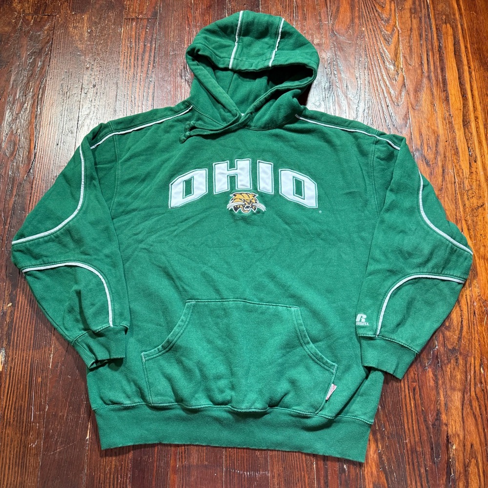 Ohio Bobcats Hoodie Men XL Green Russell Athletic Embroidered Piping Team Issue
